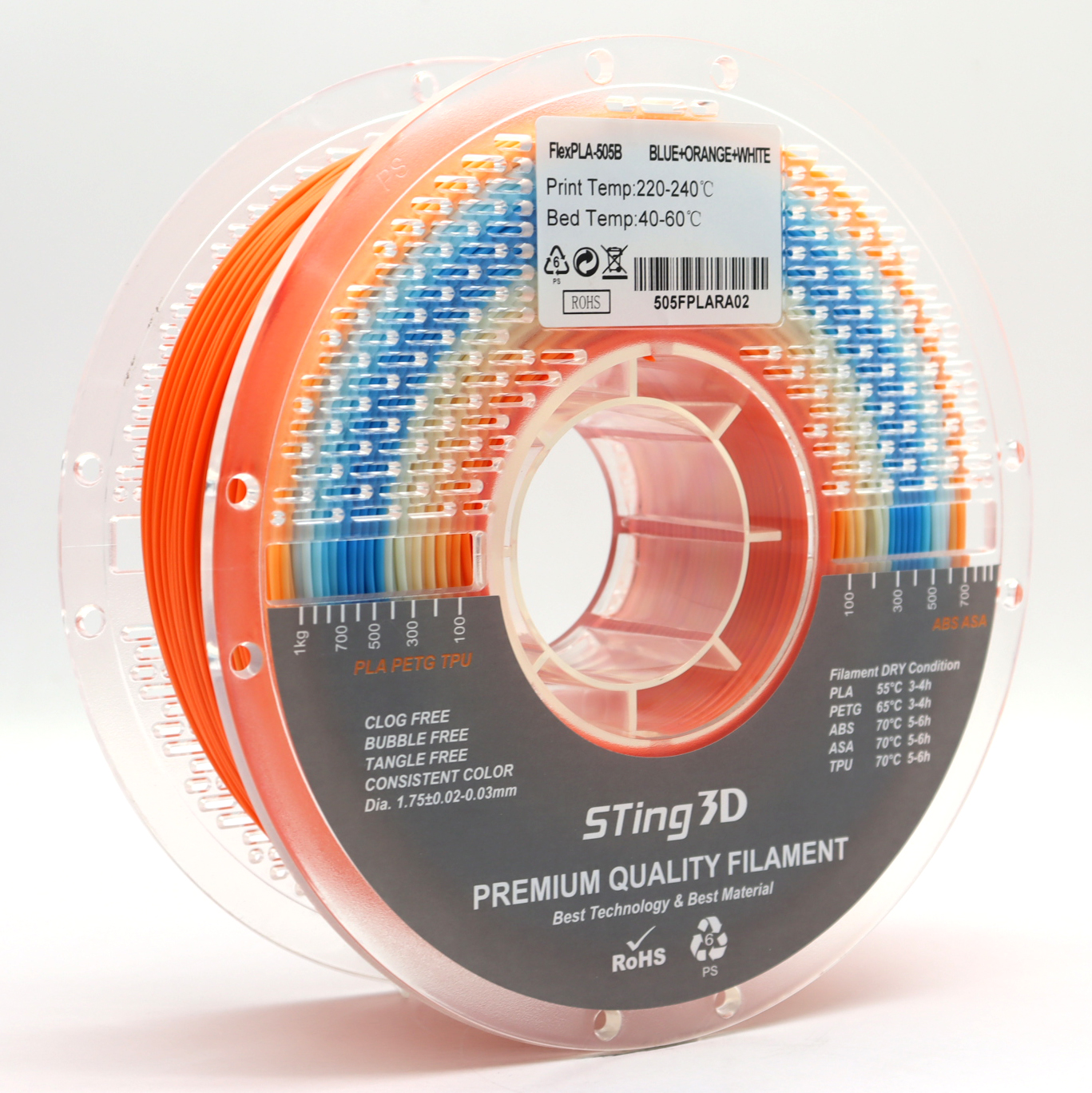Sting3D FlexPLA-505B - أزرق ، برتقالي ، أبيض
